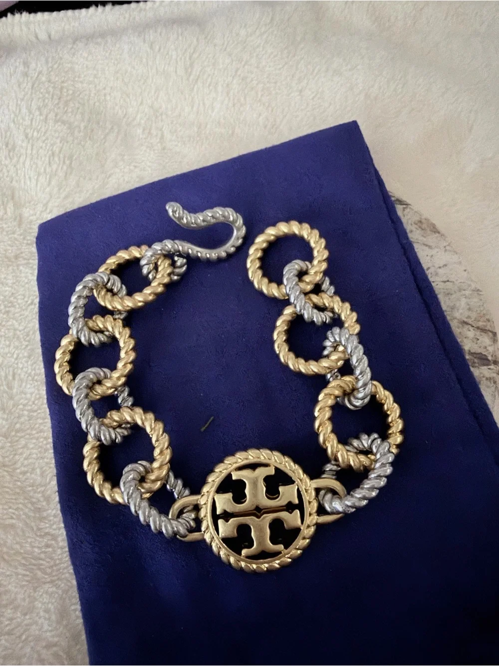 Tory Burch Gold and Silver Twisted Rope Chain Bracelet with Logo Medallion